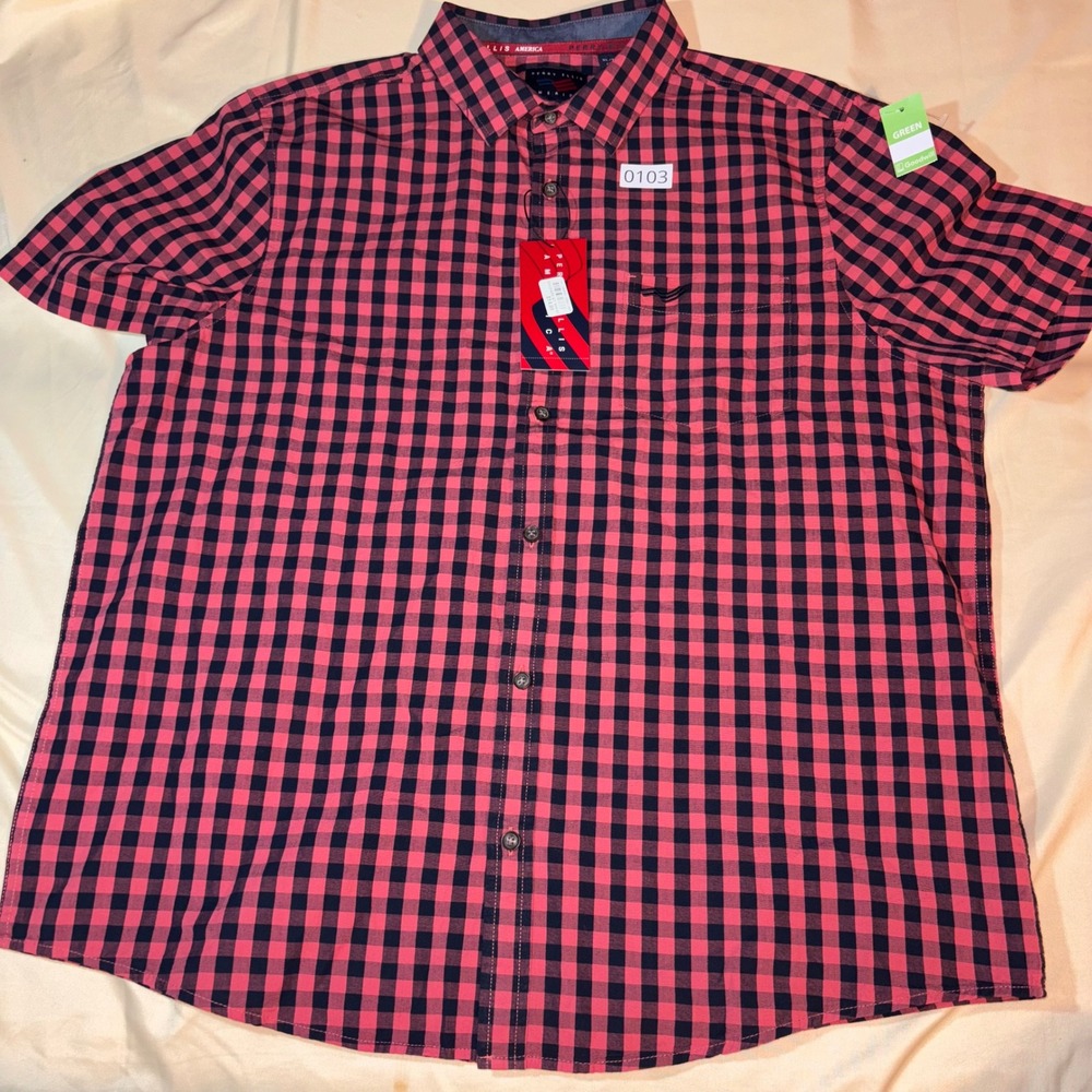 NWT Perry Ellis America Mens XL Pink Navy Gingham Short Sleeve Button Down Shirt
